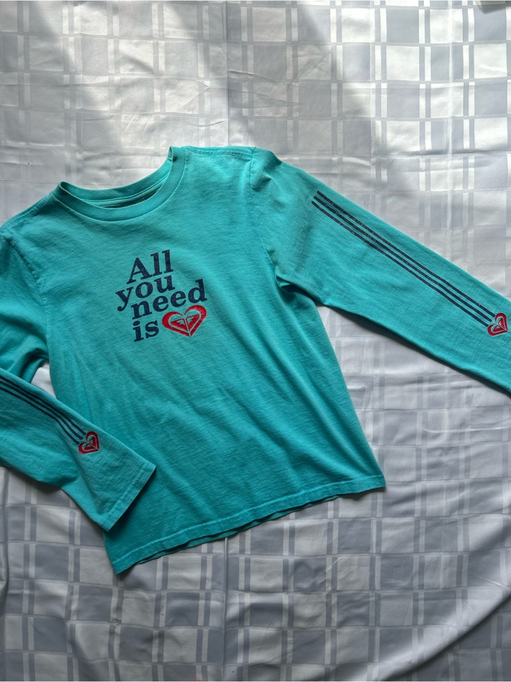 Roxy Teal Long-Sleeve Vintage Graphic Tee with Logo Heart Accent